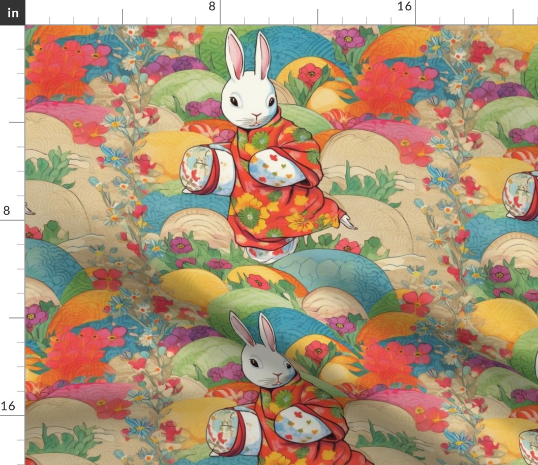 easter bunny dons a japanese kimono to hide the eggs