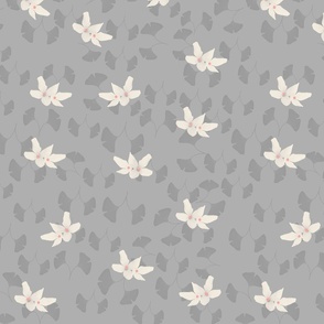 little Forsythia flowers and leaves on neutral grey - medium scale