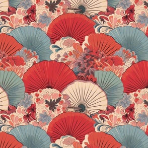 art nouveau red wave of japanese fans