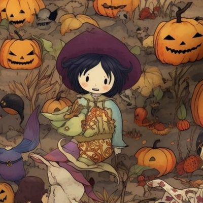 anime halloween girl with pumpkins