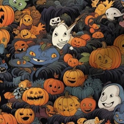 anime ghosts and japanese pumpkins at halloween