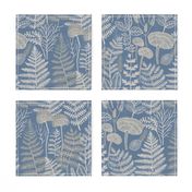 Blockprint Ferns and Mushrooms - Blue and taupe