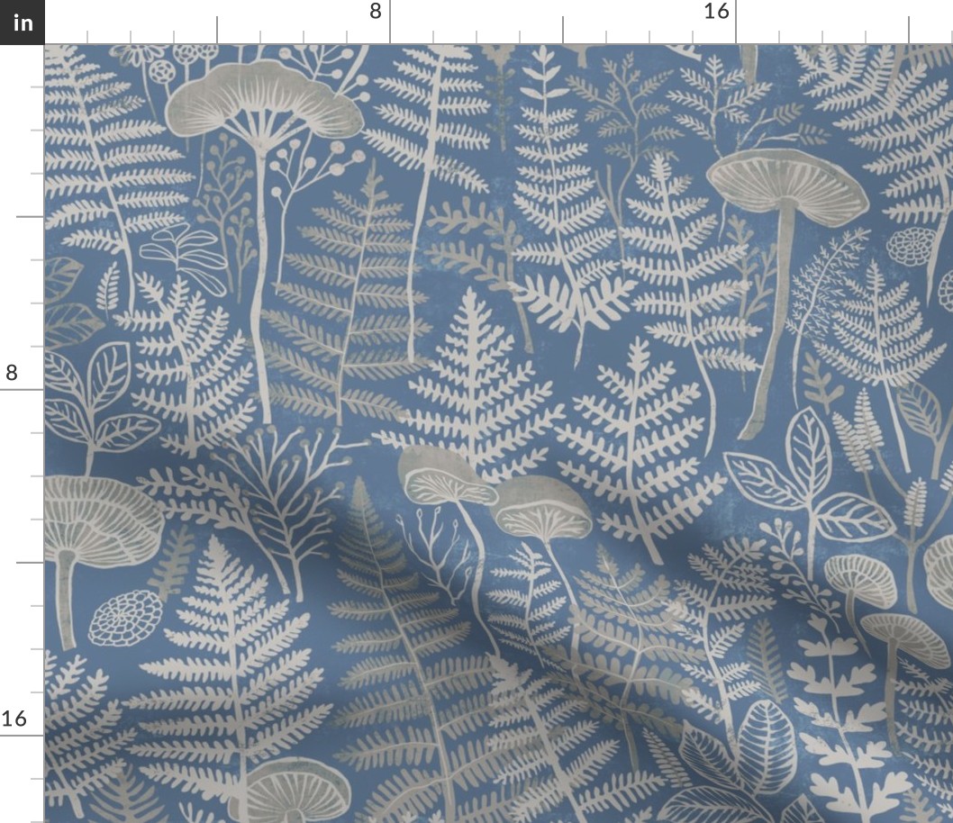 Blockprint Ferns and Mushrooms - Blue and taupe
