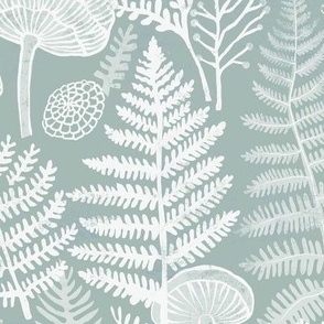 Blockprint Ferns and Mushrooms - seaglass greenblue