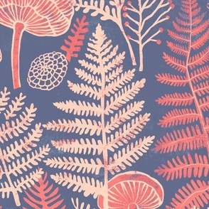 Blockprint Ferns and Mushrooms - Pink and purple