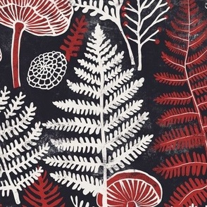 Blockprint Ferns and Mushrooms - Black, Red, and White