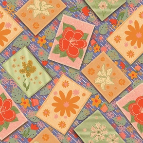 Country Patchwork Floral on blue. Floriography challenge.