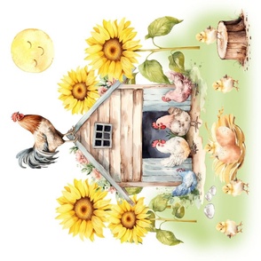 Farm Animals Rooster Chickens Sunflowers Large Rotated