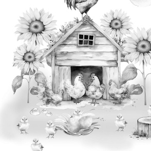 Farm Animals Rooster Chickens Sunflowers Gray 