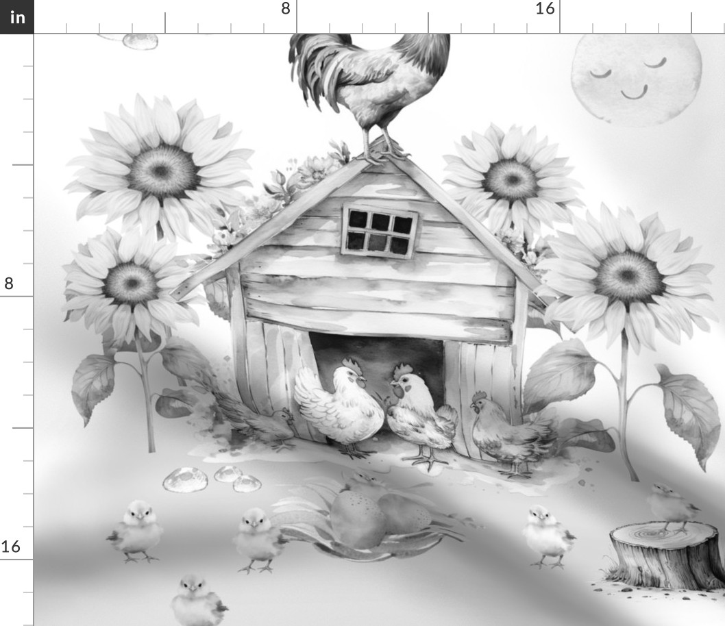 Farm Animals Rooster Chickens Sunflowers Gray 