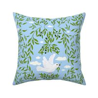 White Dove Flying with Olive Branch Over Bright Blue Sky Symbolizing Peace