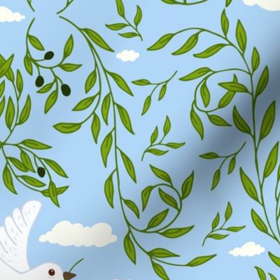 White Dove Flying with Olive Branch Over Bright Blue Sky Symbolizing Peace