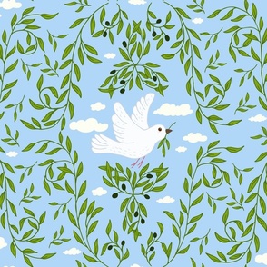 White Dove Flying with Olive Branch Over Bright Blue Sky Symbolizing Peace