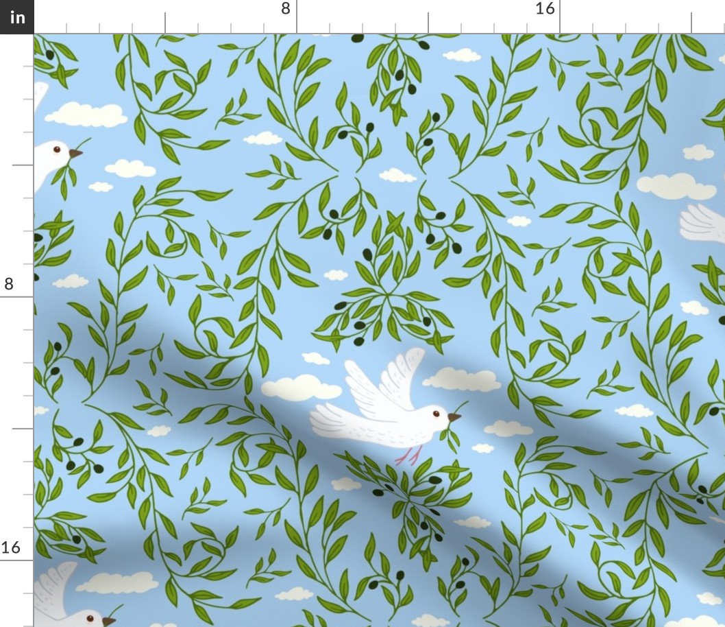 White Dove Flying with Olive Branch Over Bright Blue Sky Symbolizing Peace