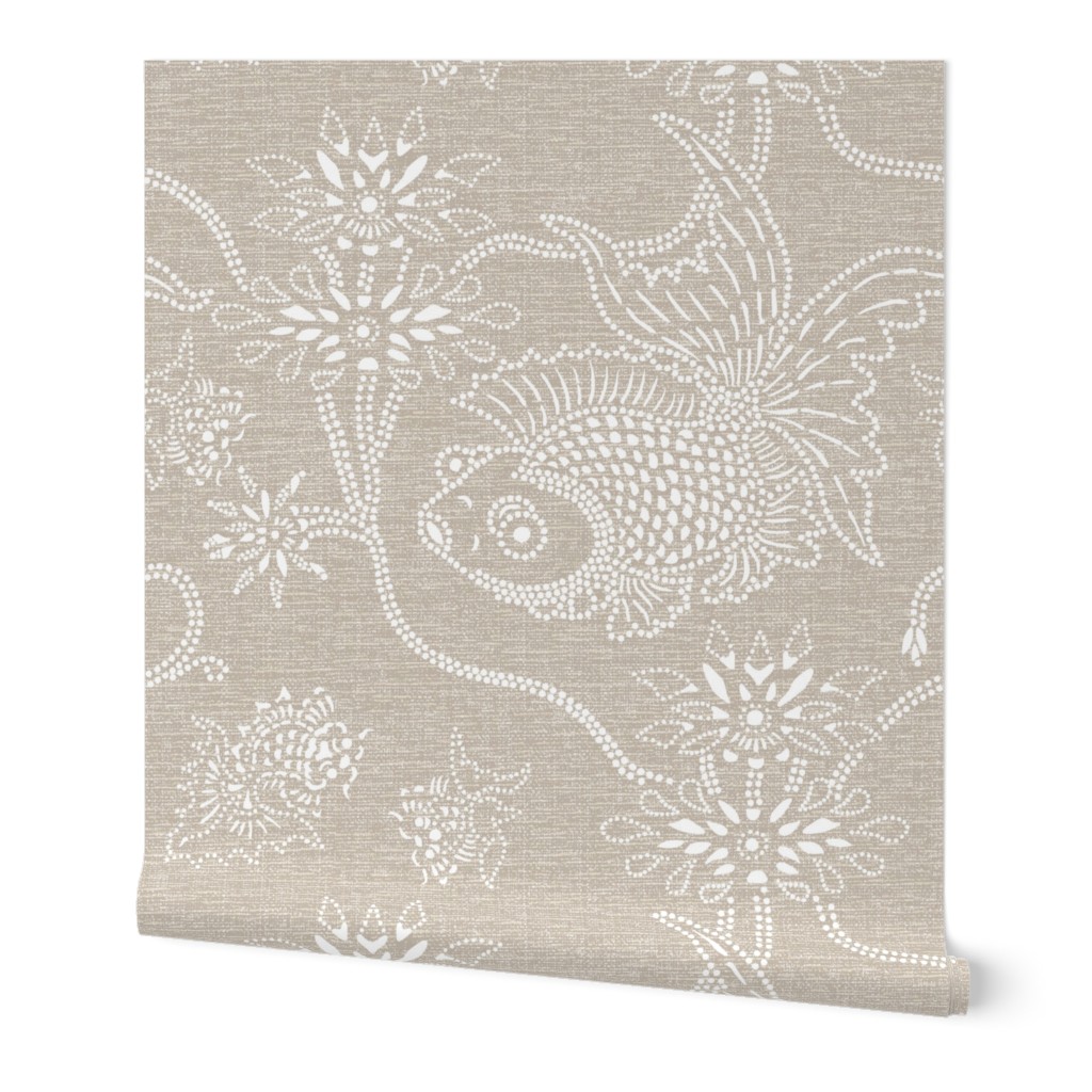 Serene Koi in Lotus Pond in white and sand, Large scale repeat