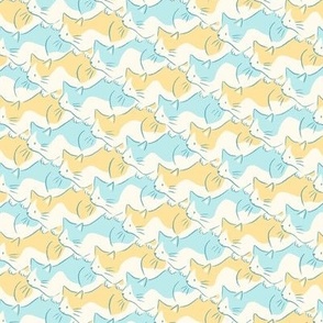 [Small] Diagonal tessellating cat loaf - pale turquoise and yellow: cute contemporary hand drawn animal print for kids