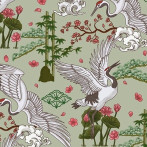 Crane Flying Through the Serene Japanese Garden - mint