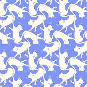[Small] Triangular tessellating cats - Blue and white monochromatic cute contemporary hand drawn animal print for kids. Cornflower blue background.