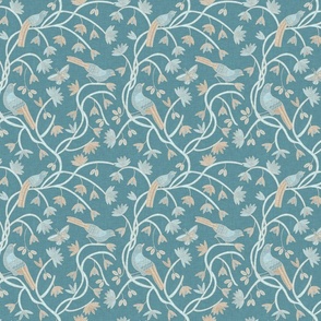 Birds on Vines i  in Teal and Tan, (s) 7"