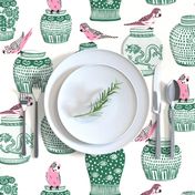 budgies and ginger jars/custom pink and green on cream