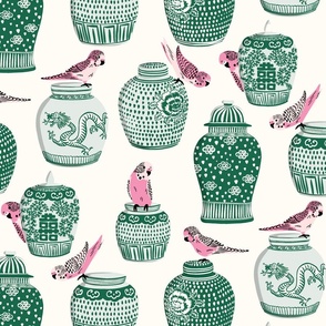 budgies and ginger jars/custom pink and green on cream