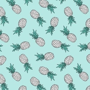 Tossed hand drawn pineapples summer fruit design white teal green