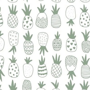 Boho style textured pineapples in rows summer fruit tropical island vibes design sage green on white