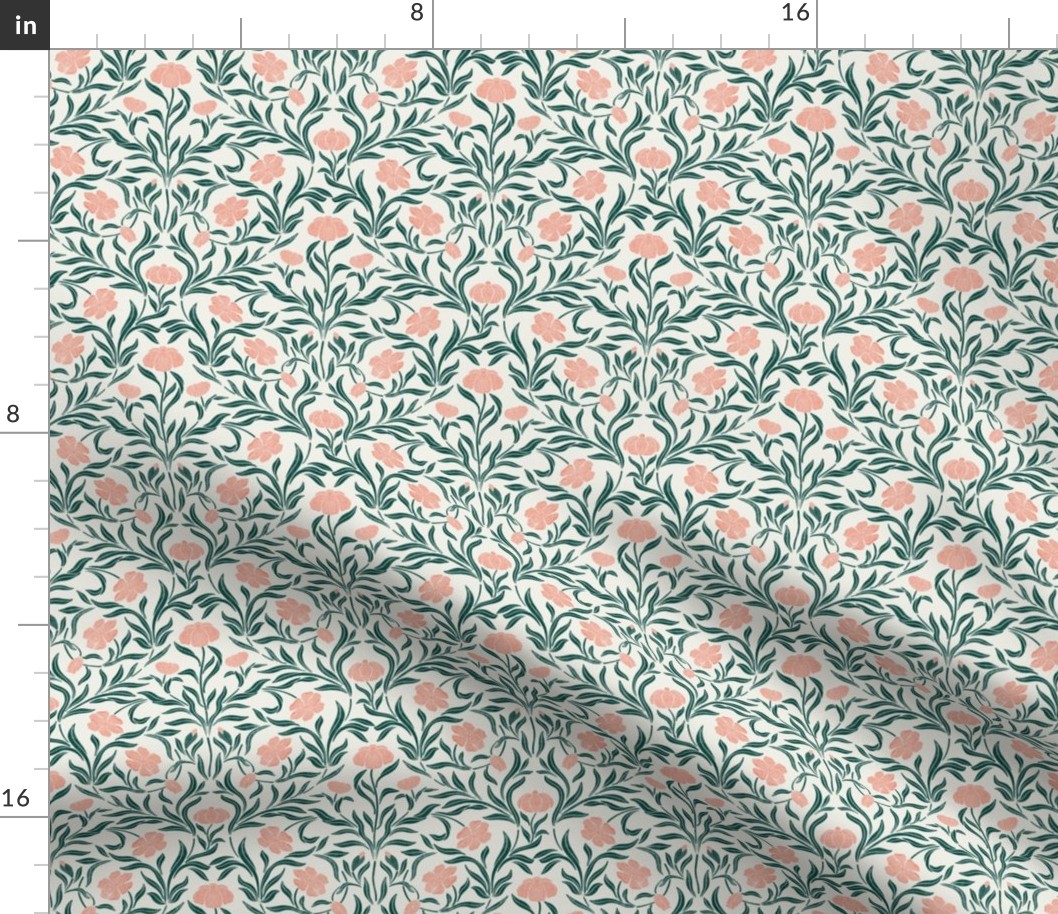 Garden Cosmos-Symbolizing- Order, Harmony and Balance- Block Print Vintage Damask- pink and green Small