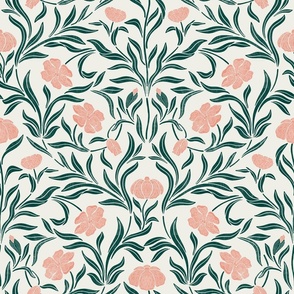 Garden Cosmos-Symbolizing- Order, Harmony and Balance- Block Print Vintage Damask- pink and green XL