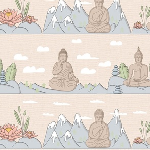 big// Buddha Garden serene with mountains_ rocks_ lotus flowers soft colors