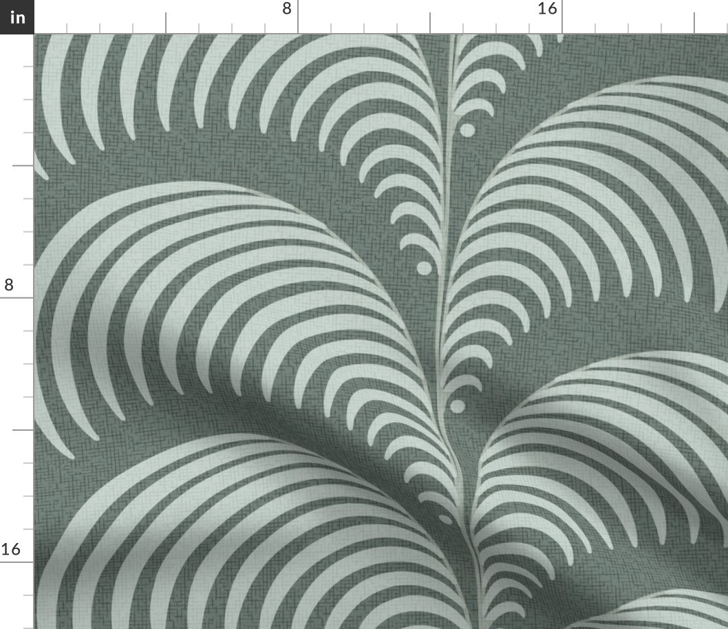 Serene palm Art Deco fern frond plume in neutral forest green wallpaper 24 scale by Pippa Shaw