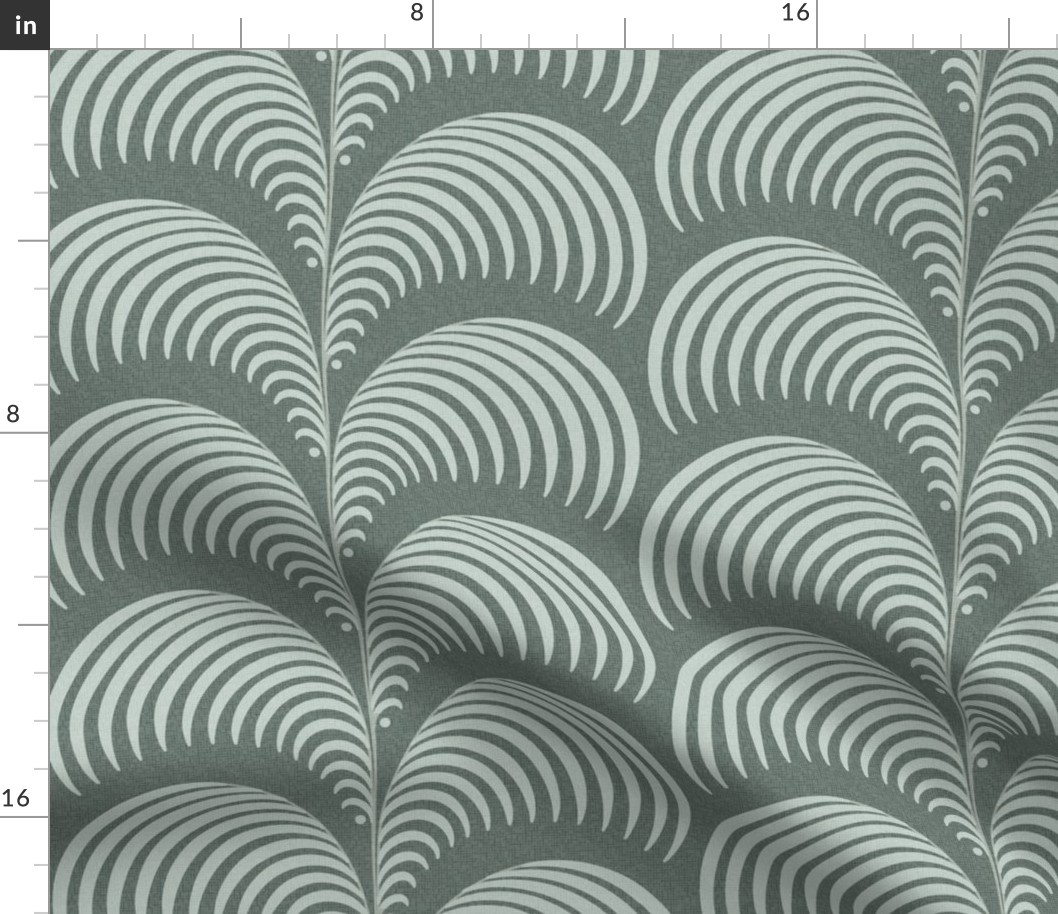 Serene palm Art Deco fern frond plume in neutral forest green wallpaper 12 scale by Pippa Shaw