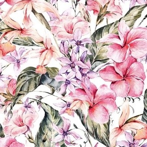 Watercolor tropical flowers on white