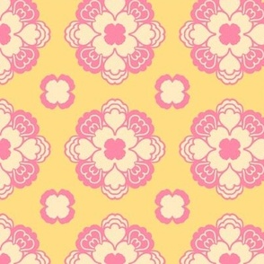 Retro, geometric floral, tile pattern in gold yellow and pink, large scale