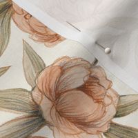 Elegant peony flowers, beige and bluch, large pattern