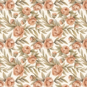 Elegant peony flowers, beige and bluch, large pattern