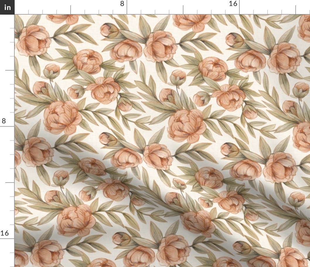 Elegant peony flowers, beige and bluch, large pattern