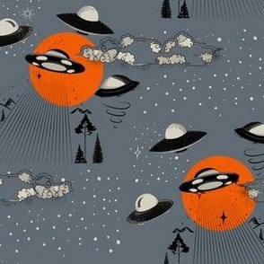 UFO invasion, block-print inspired