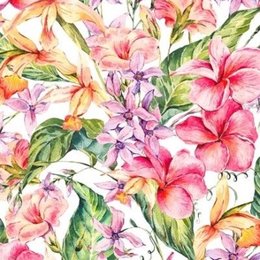 Watercolor bright tropical flowers on white