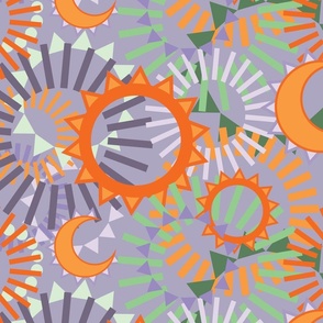 Medium - Bold and Colourful, Celestial Stylised Sun and Moon - Lavender, Orange & Green
