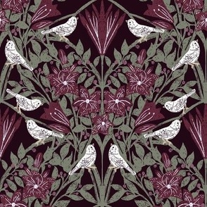 White Birds and Flowers | lily blooms with evergreen leaves and purple berries | Medium Scale | Arts and Crafts Style Pattern 