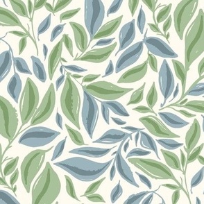 Muted Blue and Green Climbing Vine Leaves Small Scale 12in Repeat