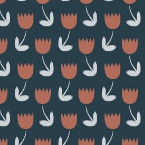 Hand drawn stylised tiny tulips in rust red and soft light blue on navy blue - folklore inspired minimalist pattern for nursery and kids room or simple scandi interior