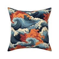 ocean waves in orange and blue inspired by yoshitoshi