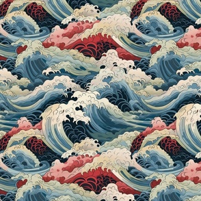 japanese waves in red and blue inspired by yoshitoshi
