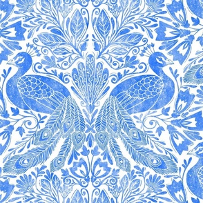 Damask peacock block print white blue azure cobalt