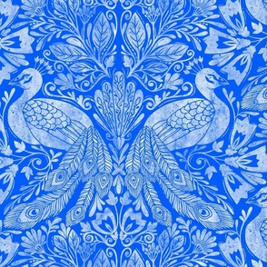 Damask peacock block print white blue azure cobalt 