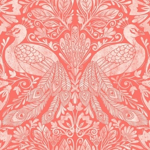 Damask peacock block print white red living coral 