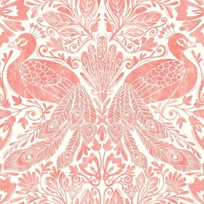 Damask peacock block print white red living coral