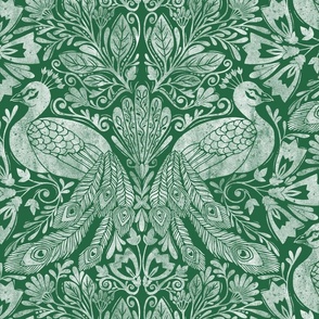 Damask peacock block print green white emerald